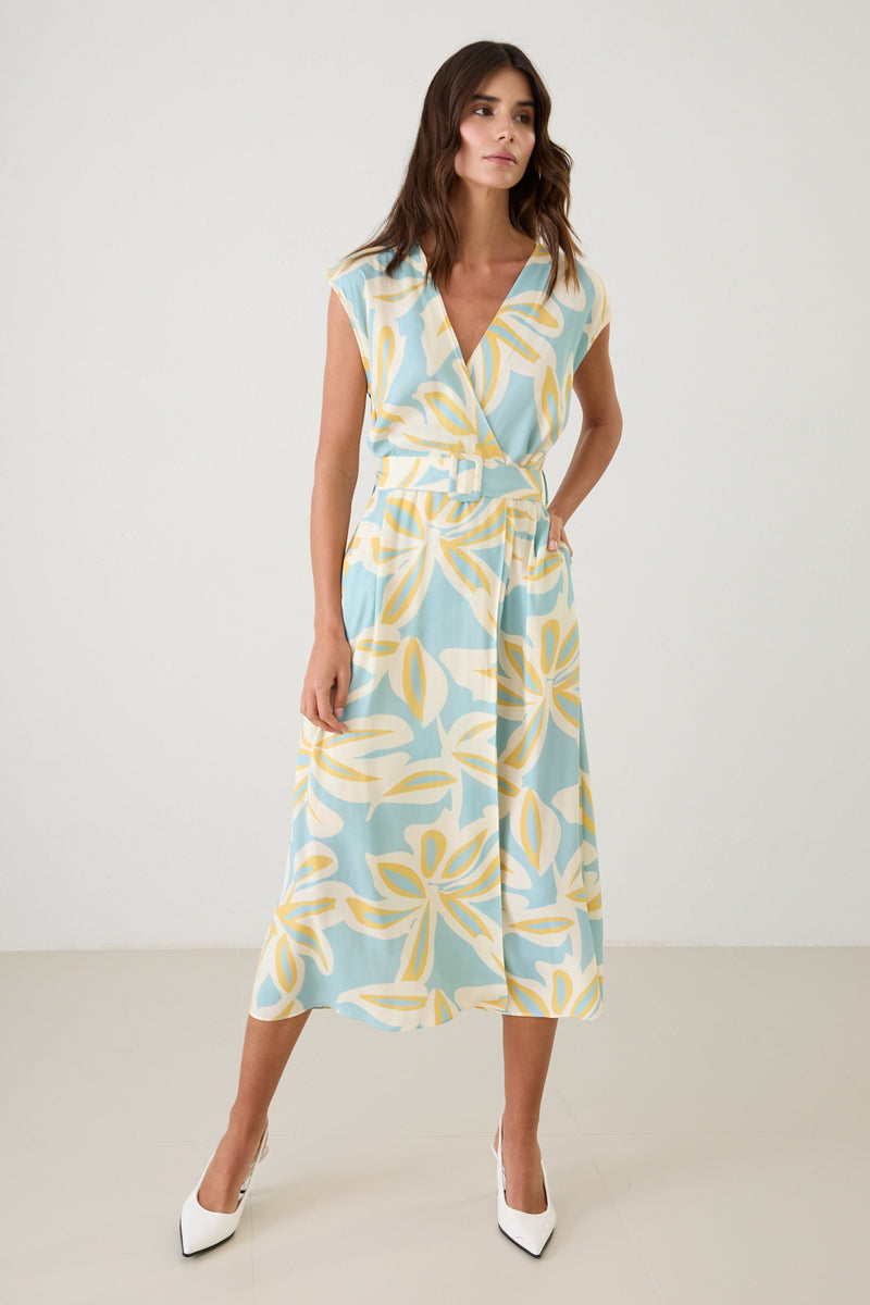 Setre V Neck Tie Waist Detail Patterned Dress Turquoise
