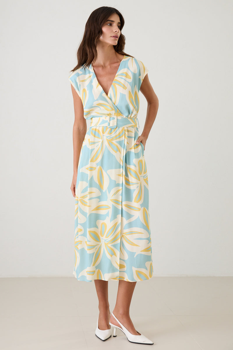 Setre V Neck Tie Waist Detail Patterned Dress Turquoise