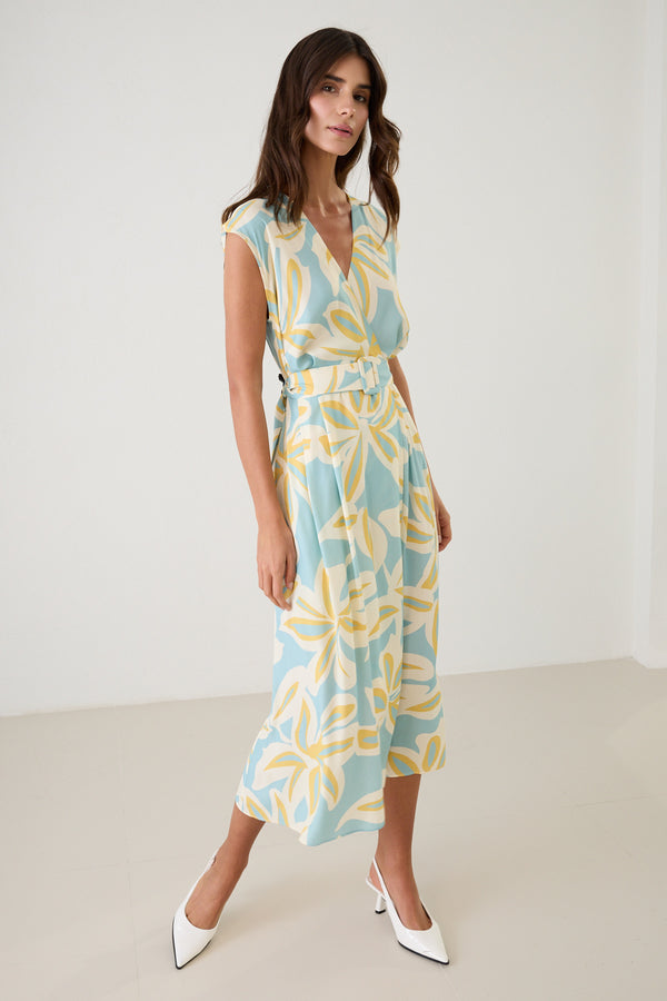 Setre V Neck Tie Waist Detail Patterned Dress Turquoise