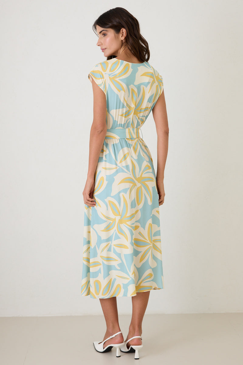 Setre V Neck Tie Waist Detail Patterned Dress Turquoise