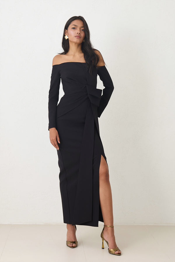 Setre Asymmetrical Neck And Waist Detailed Slit Dress Black