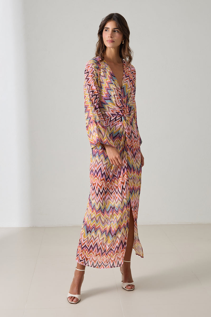 Setre V Neck Patterned Long Sleeve Dress Purple