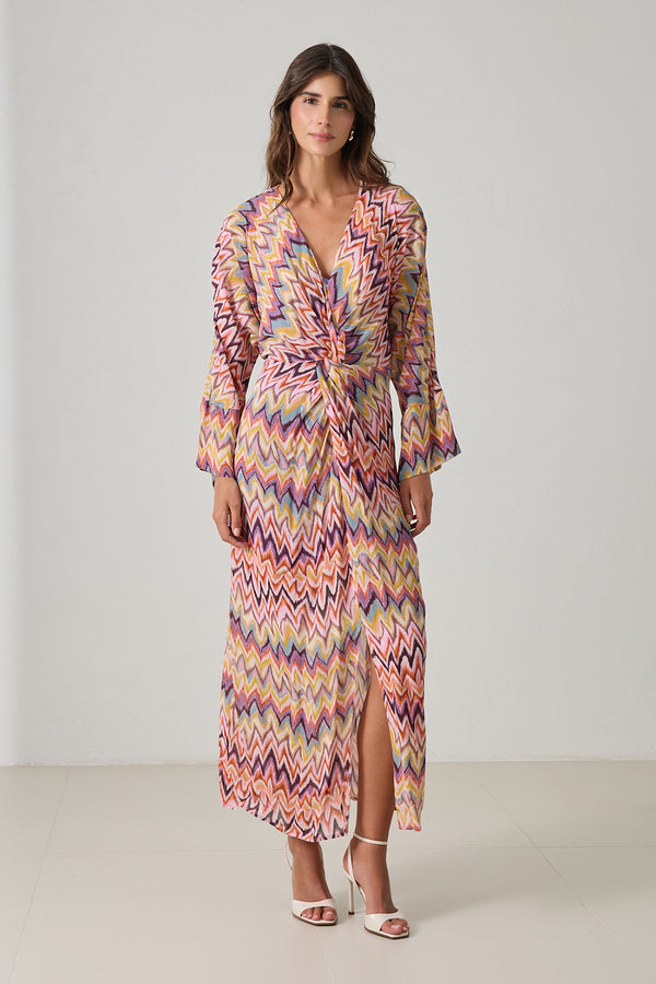 Setre V Neck Patterned Long Sleeve Dress Purple