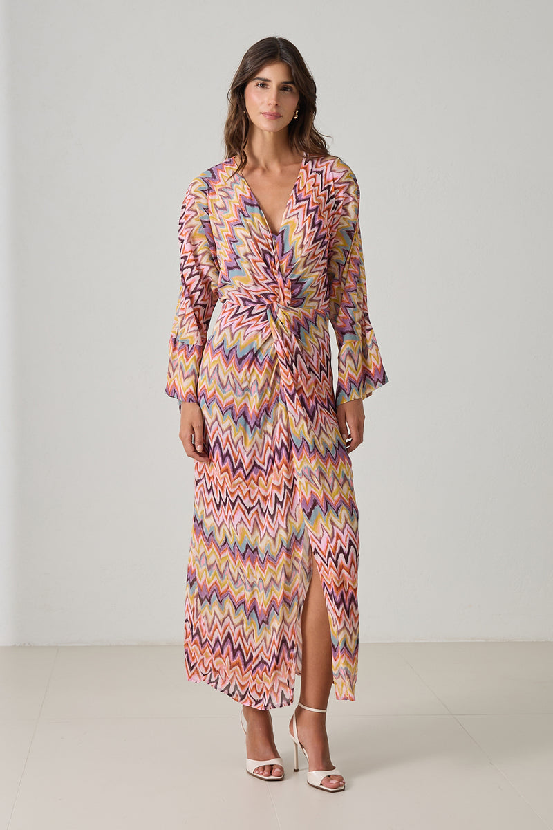Setre V Neck Patterned Long Sleeve Dress Purple