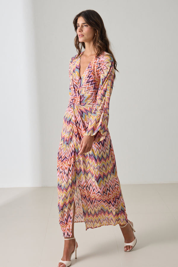 Setre V Neck Patterned Long Sleeve Dress Purple