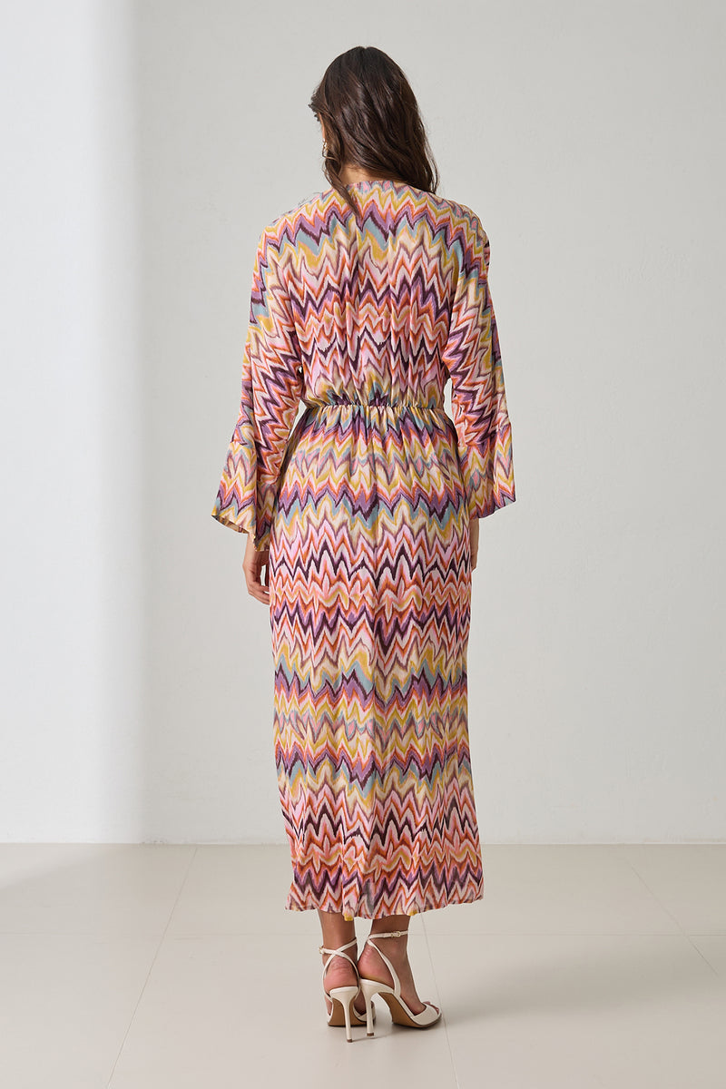 Setre V Neck Patterned Long Sleeve Dress Purple