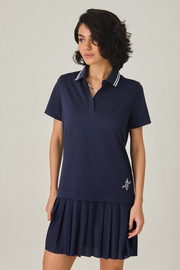 Setre Collar And Pleated Short Sleeve Dress Navy Blue