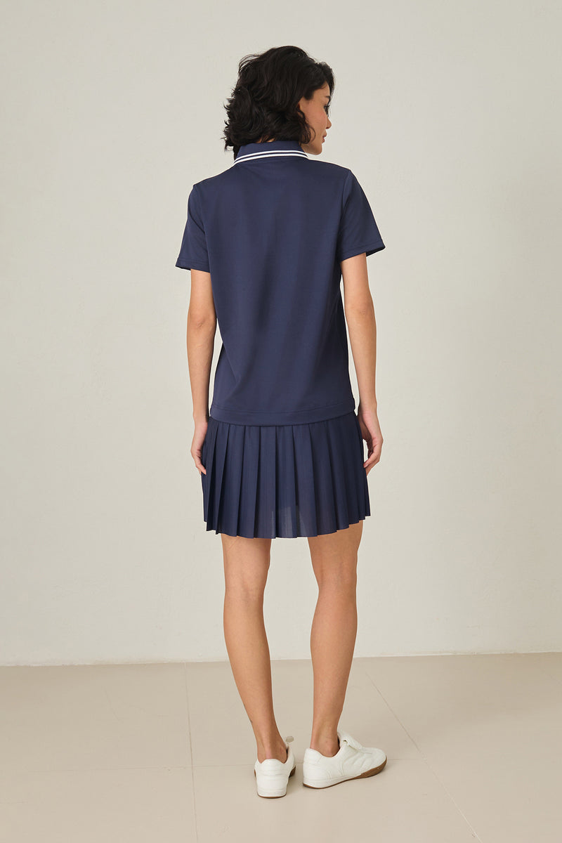 Setre Collar And Pleated Short Sleeve Dress Navy Blue