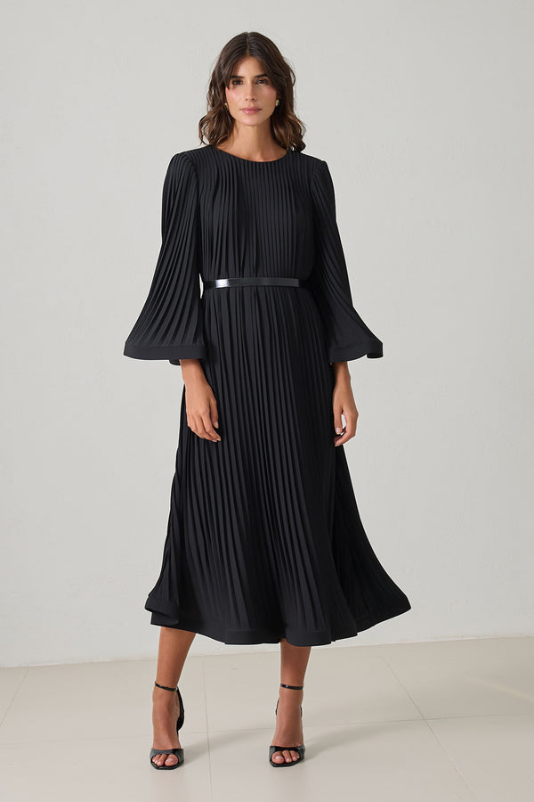 Setre Waist Belt And Pleat Detailed Midi Length Dress Black