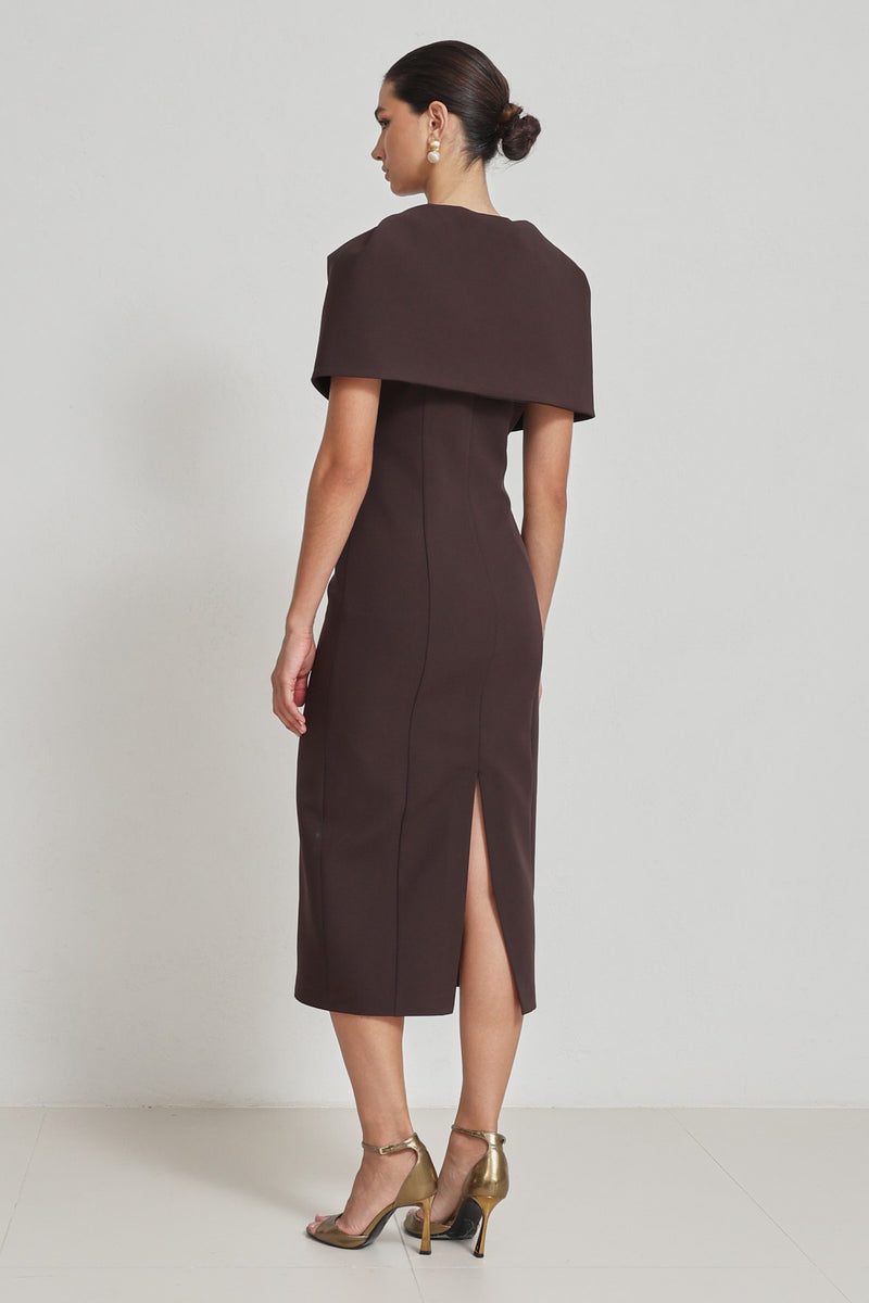 Setre Collar Detailed Full Cut Midi Length Dress Coffee Brown