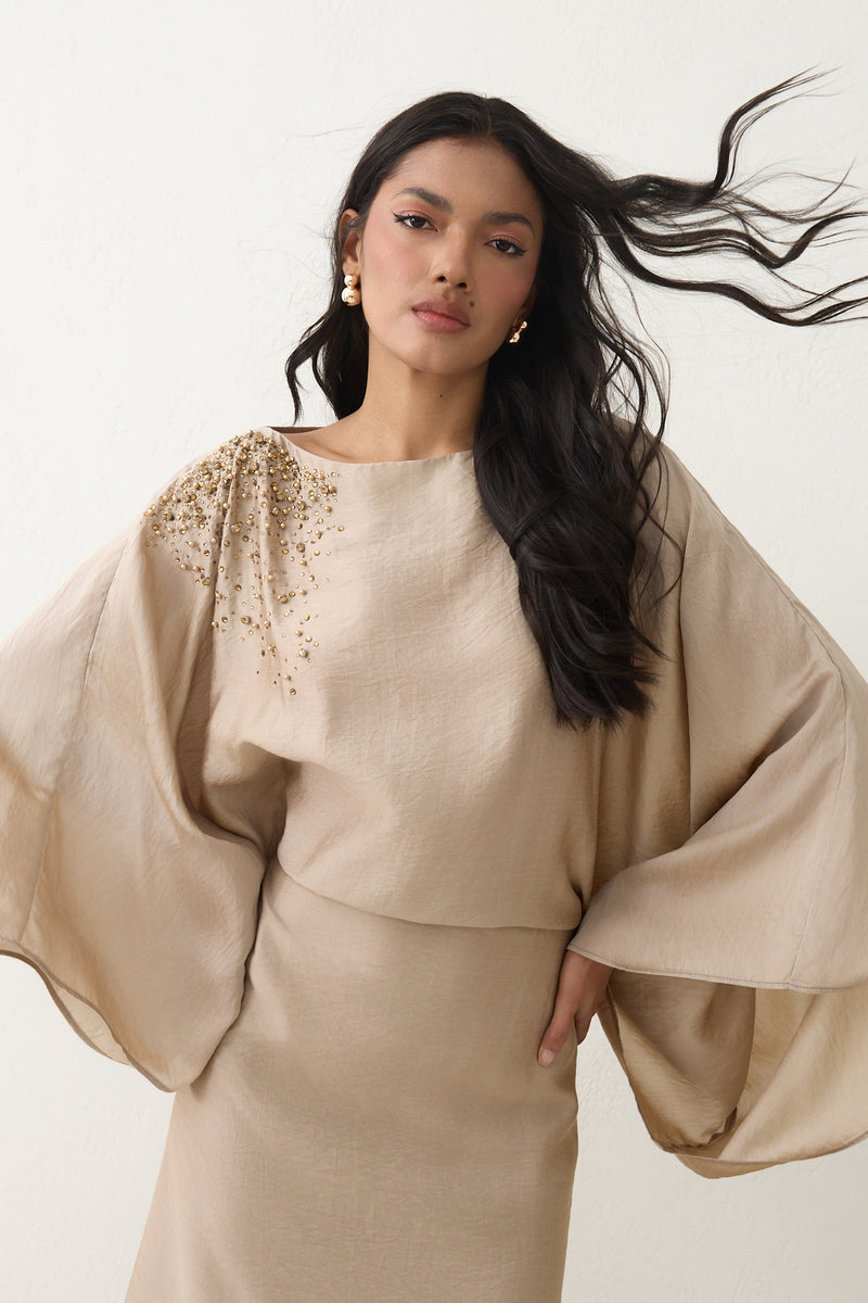 Setre Shoulder-Embellished Wide Sleeve Dress Mink