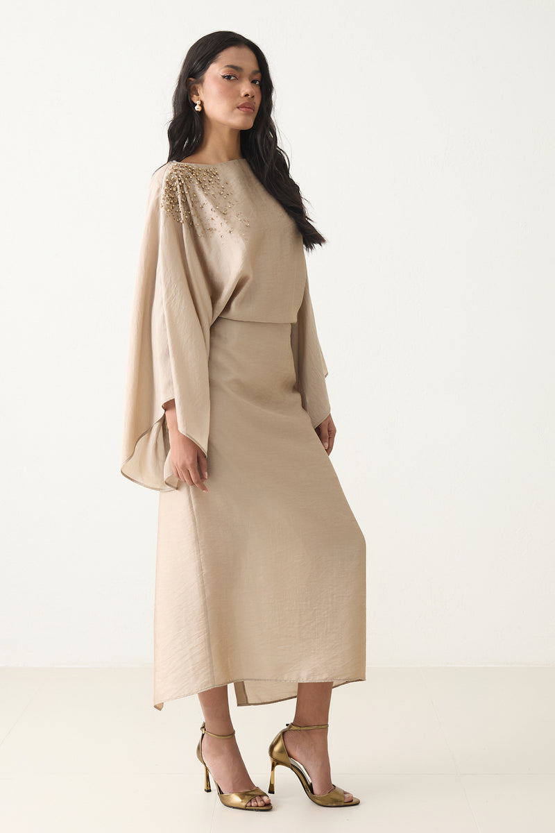 Setre Shoulder-Embellished Wide Sleeve Dress Mink