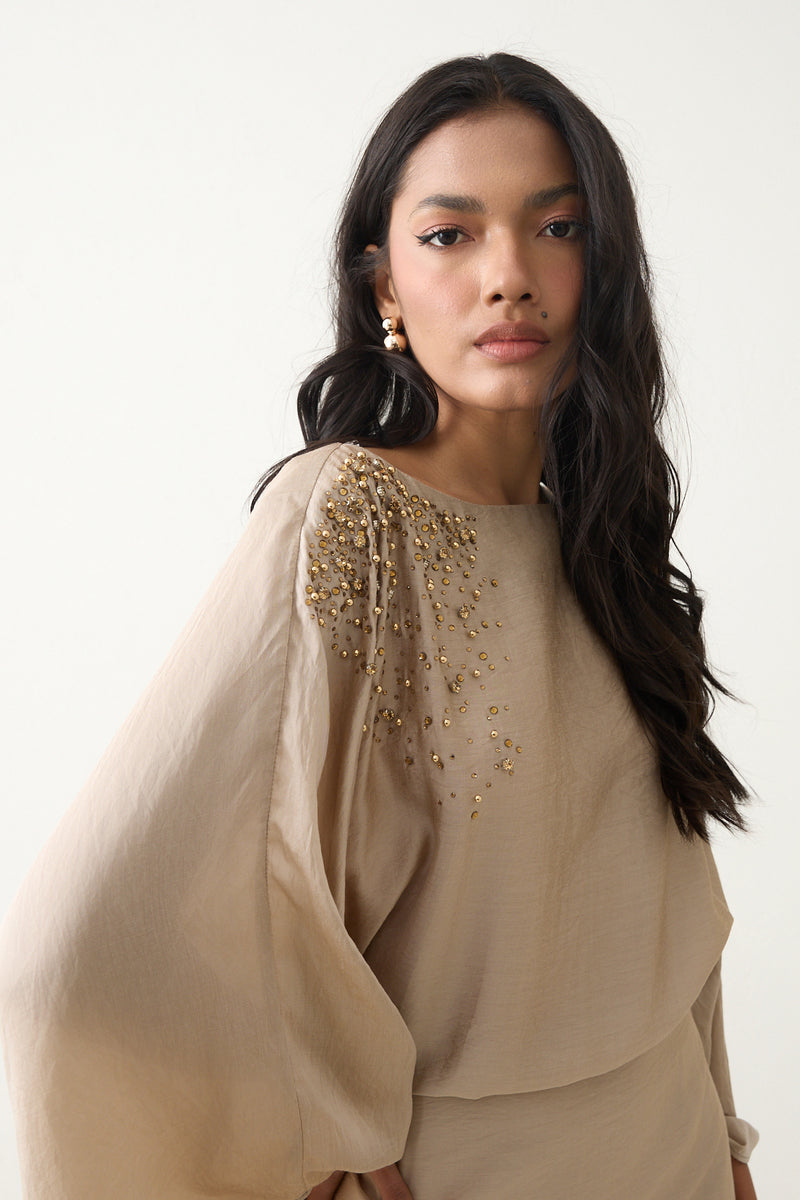 Setre Shoulder-Embellished Wide Sleeve Dress Mink