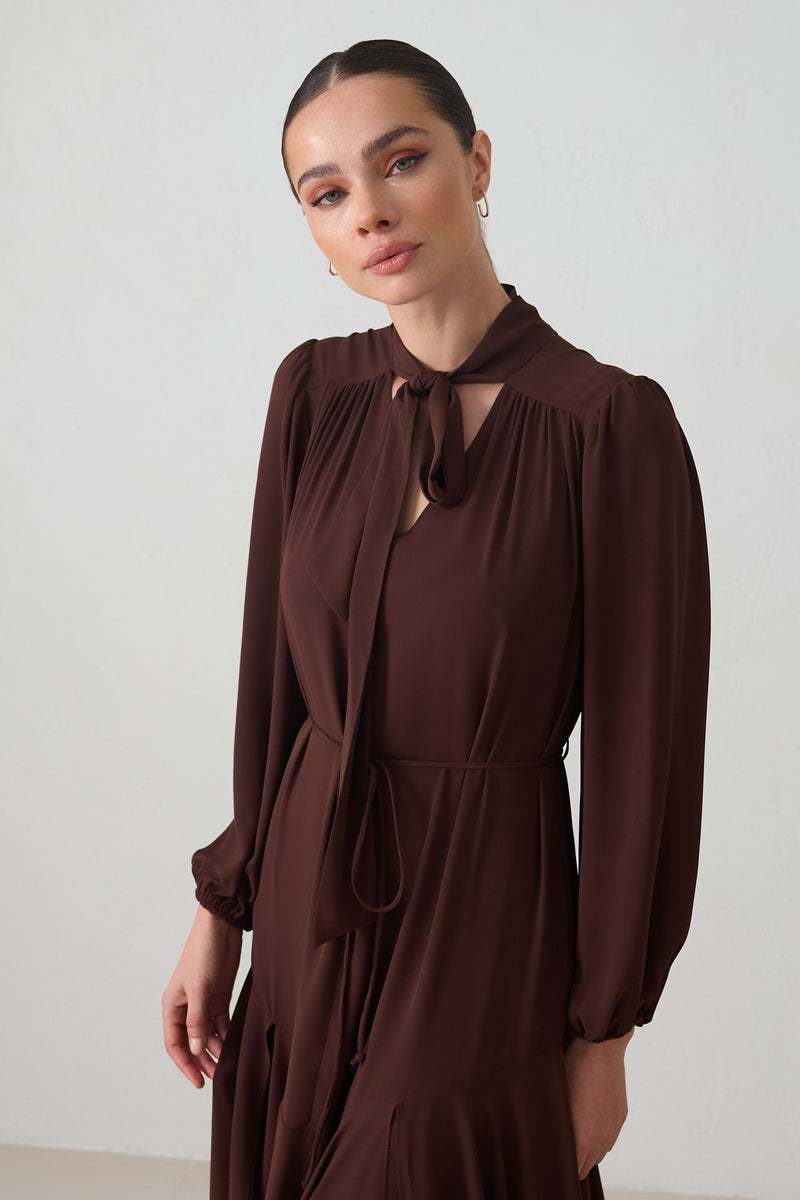 Setre Collar Detailed Asymmetrical Dress Coffee