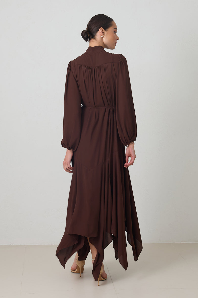 Setre Collar Detailed Asymmetrical Dress Coffee