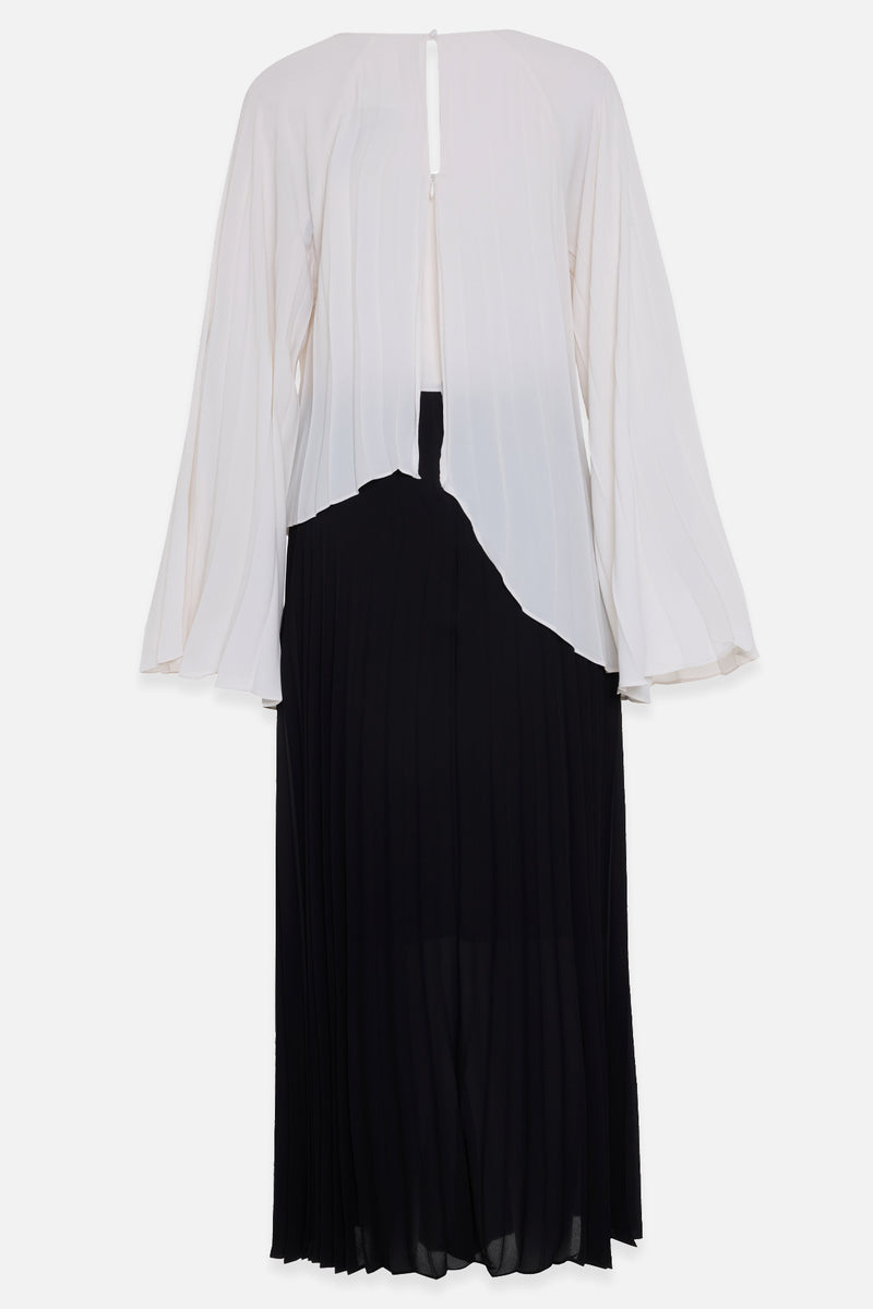 Setre Crew Neck Pleated Detailed Two-Tone Dress Black/Ecru