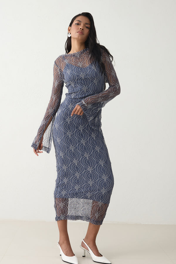 Setre Overlay Patterned Detailed Lace Dress Indigo