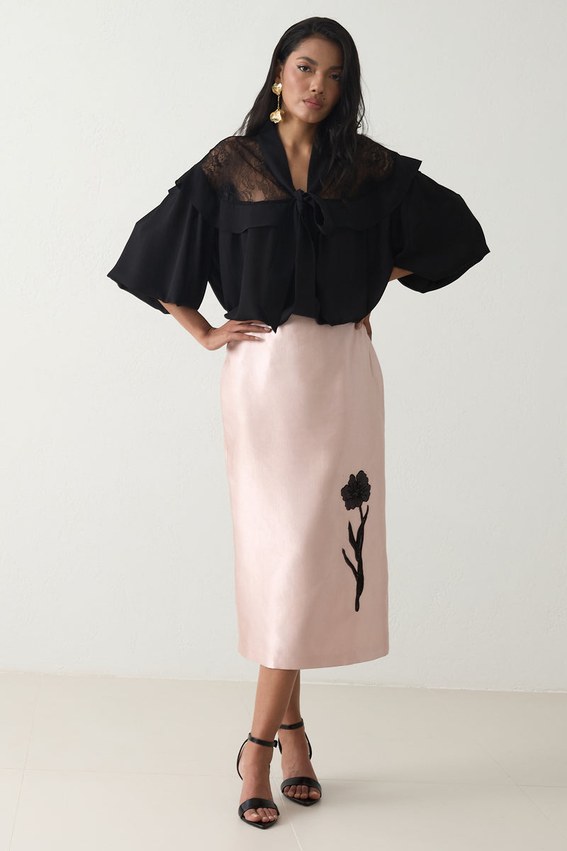 Setre Flower-Embroidered Skirt Dark Powder