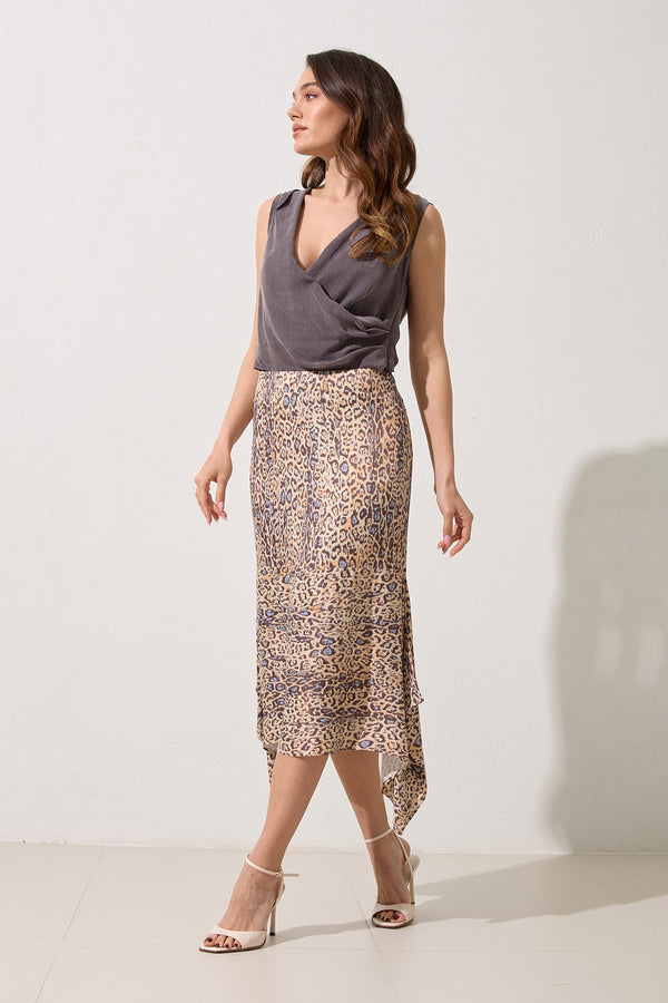 Setre Leopard Pattern Asymmetric Cut Skirt Beige