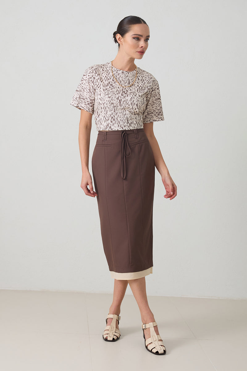 Setre Rope Belt And Pocket Detailed Midi Skirt Coffee Brown