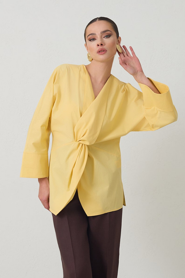 Setre V Neck Gathered Detail Cotton Shirt Light Yellow