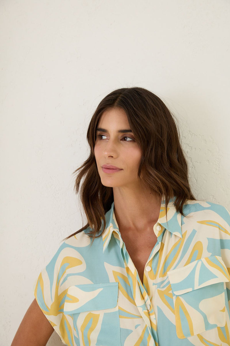 Setre Pocket Detailed Patterned Shirt Turquoise