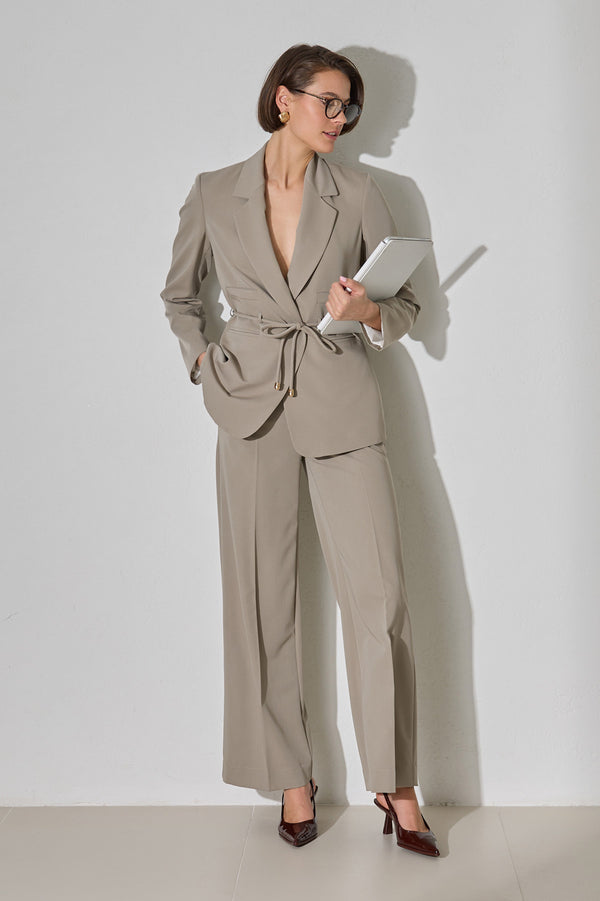 Setre Waist Tie And Pocket Detailed Jacket, Relaxed Cut Trouser Suit Olive