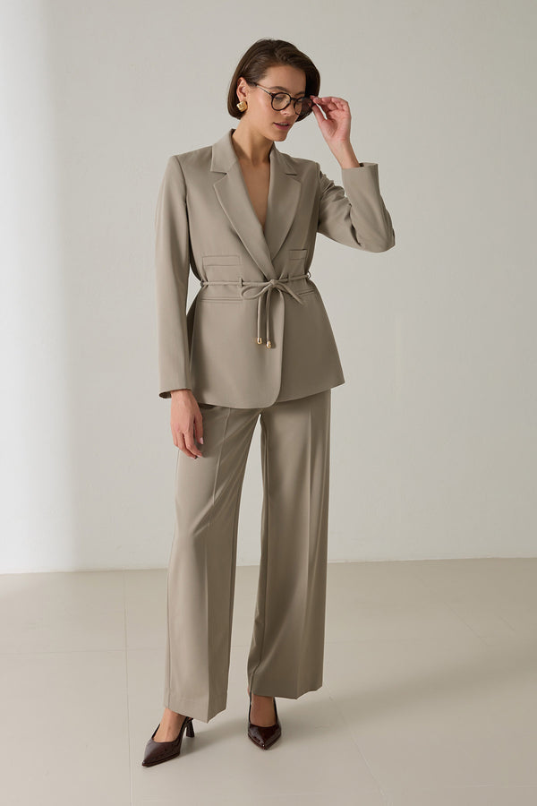 Setre Waist Tie And Pocket Detailed Jacket, Relaxed Cut Trouser Suit Olive
