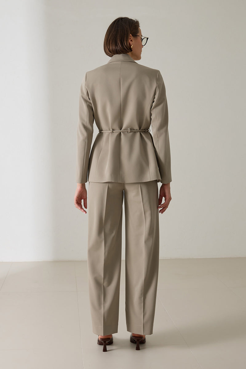Setre Waist Tie And Pocket Detailed Jacket, Relaxed Cut Trouser Suit Olive