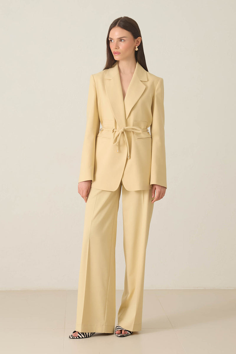 Setre Waist Tie And Pocket Detailed Jacket, Relaxed Cut Trouser Suit Light Yellow