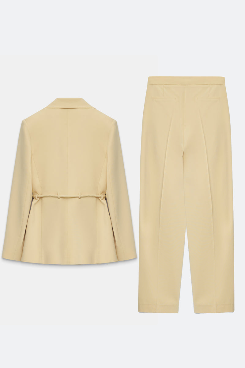 Setre Waist Tie And Pocket Detailed Jacket, Relaxed Cut Trouser Suit Light Yellow