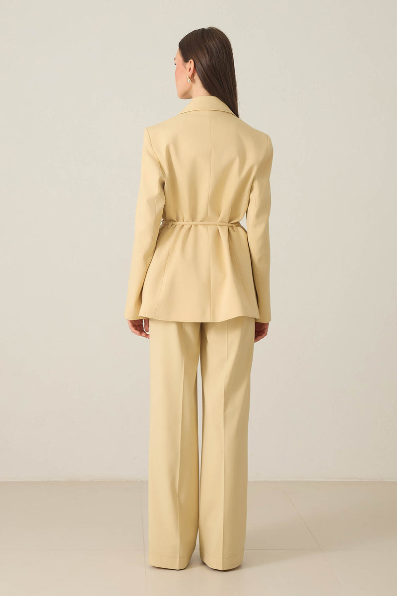 Setre Waist Tie And Pocket Detailed Jacket, Relaxed Cut Trouser Suit Light Yellow