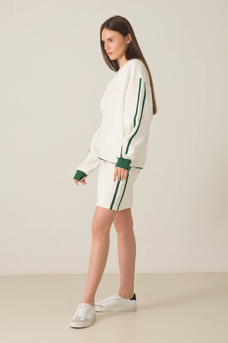 Setre V Neck Stripe And Print Detailed Sweatshirt Ecru