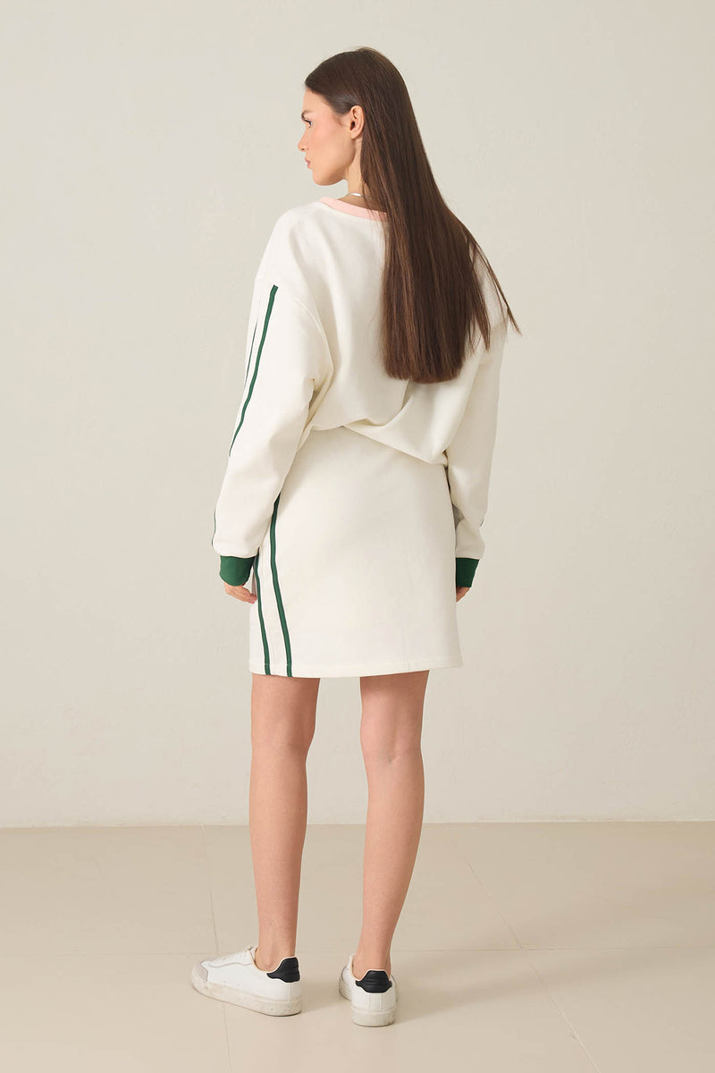 Setre V Neck Stripe And Print Detailed Sweatshirt Ecru