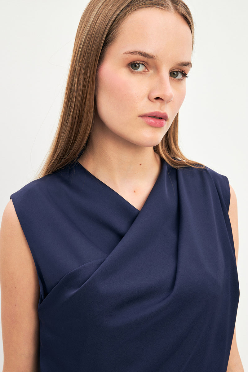 Setre Asymmetric Collar Sleeveless Blouse Navy