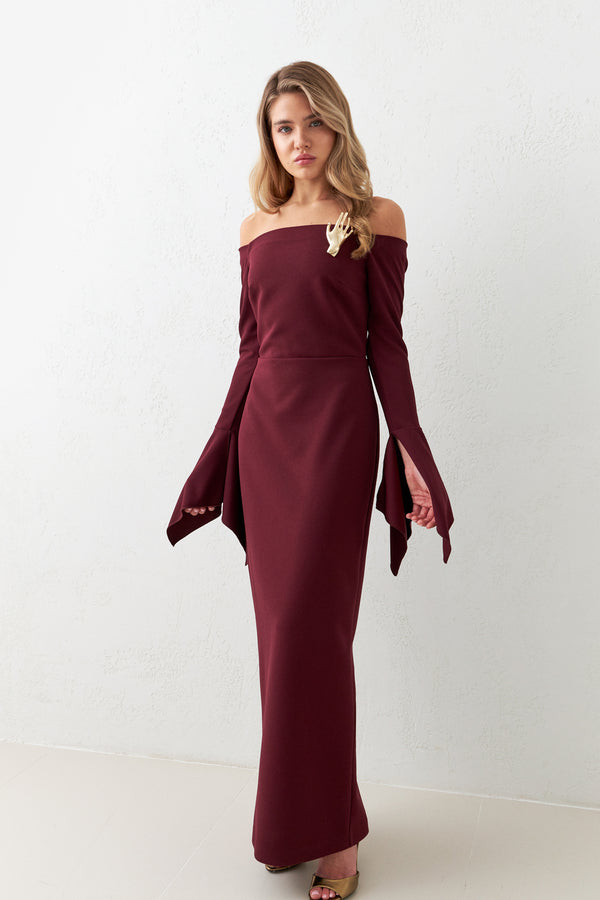 Setre Full Fit Midi Dress With Shoulder And Sleeve Detail Burgundy