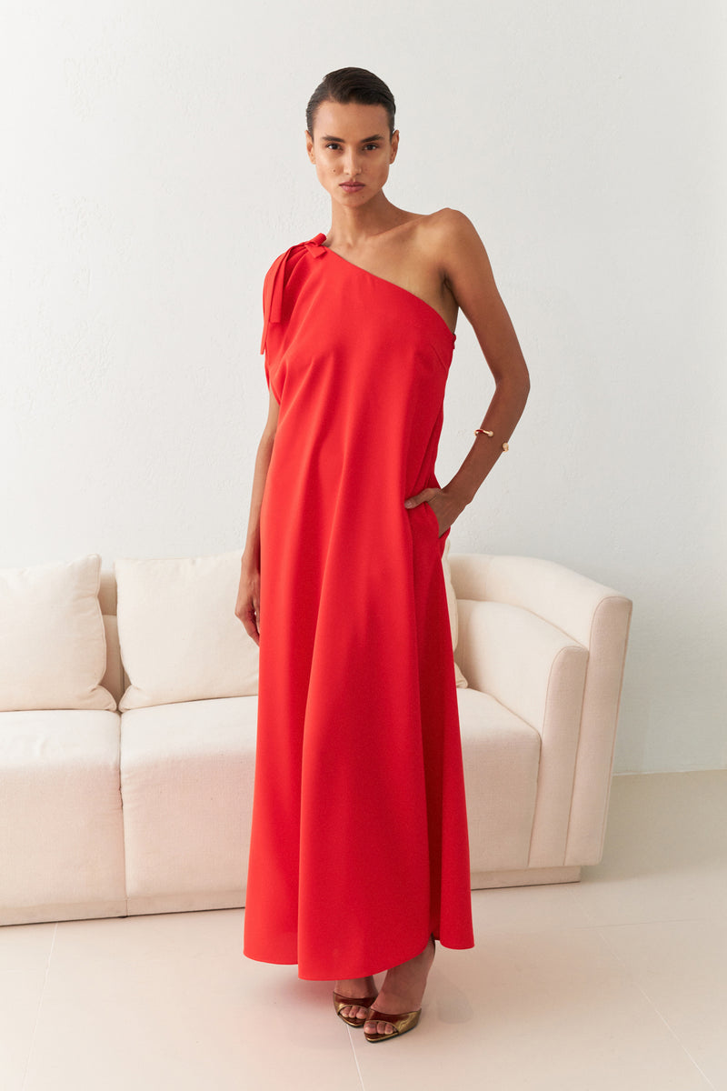 Setre One Shoulder Midi Dress Red