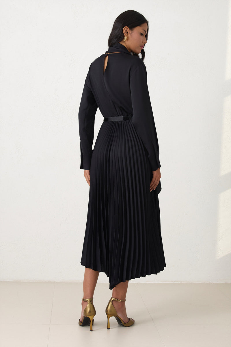 Setre Belt Detailed Pleated Midi Dress Black