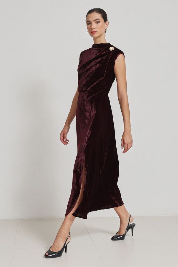 Setre Sleeveless Velvet Dress With Collar Detail Burgundy