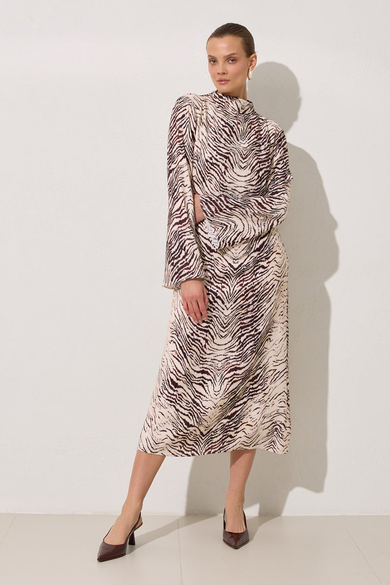 Setre Waist Belt Detailed Long Sleeve Patterned Dress Burgundy/Offwhite