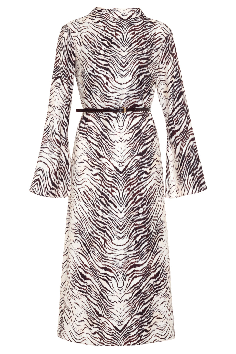 Setre Waist Belt Detailed Long Sleeve Patterned Dress Burgundy/Offwhite