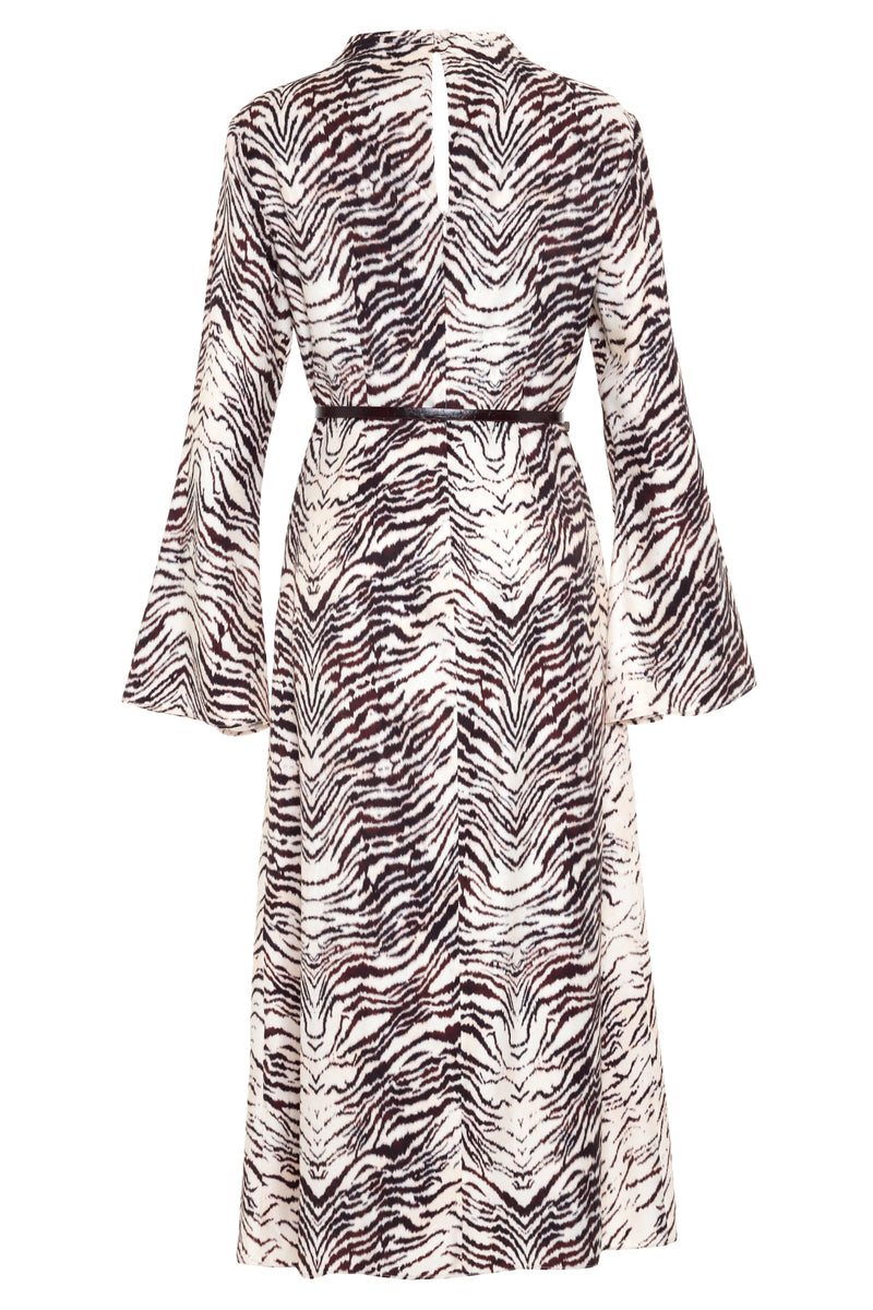 Setre Waist Belt Detailed Long Sleeve Patterned Dress Burgundy/Offwhite