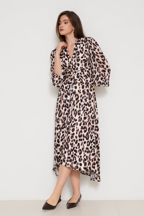 Setre Collar Detailed Leopard Print Dress Cream Multi