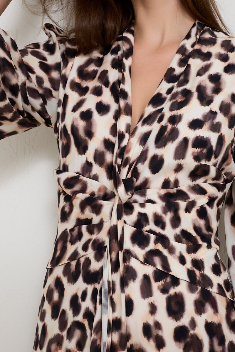 Setre Collar Detailed Leopard Print Dress Cream Multi