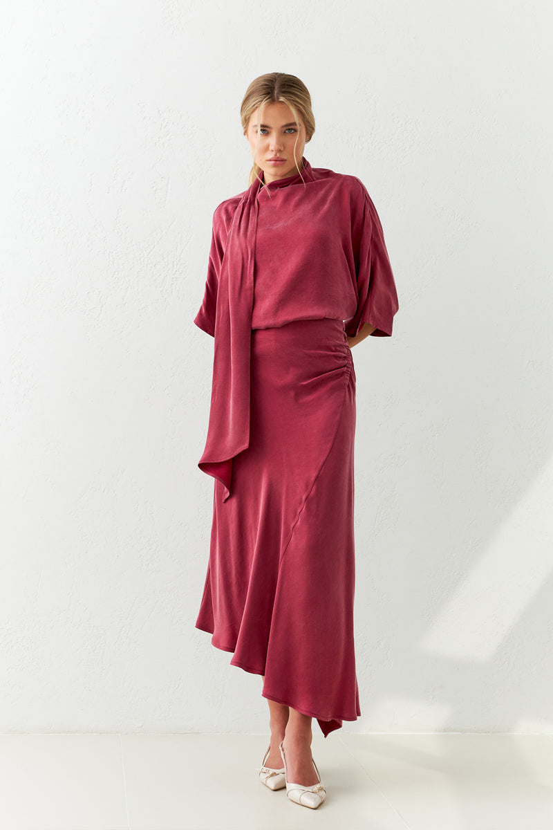 Setre Asymmetrical Gathered Skirt Burgundy