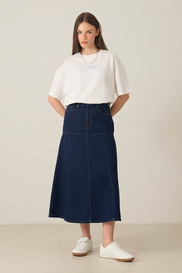 Setre Chain Belt And Stitch Detailed Denim Skirt Navy