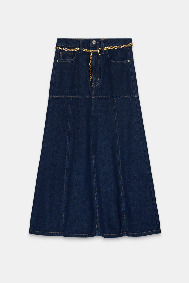 Setre Chain Belt And Stitch Detailed Denim Skirt Navy