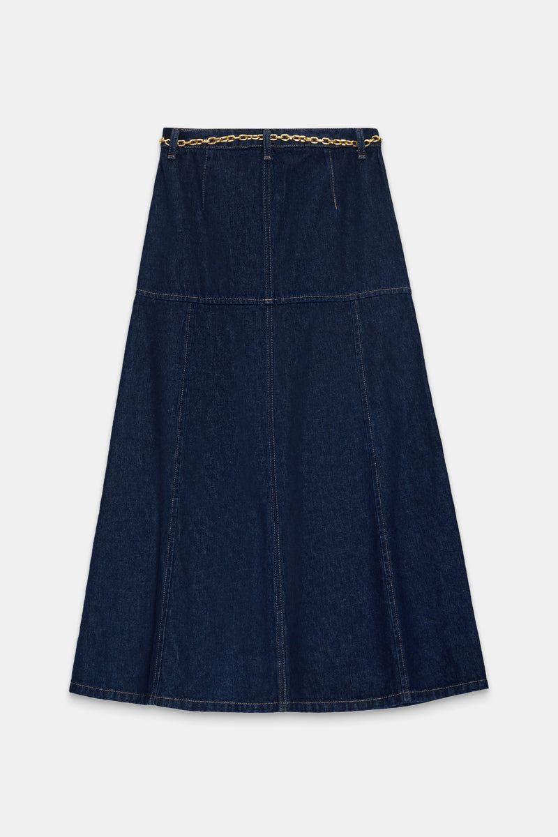 Setre Chain Belt And Stitch Detailed Denim Skirt Navy