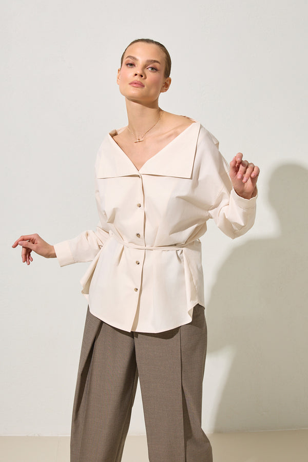 Setre Wide Collar With Tie Detail Shirt Cream