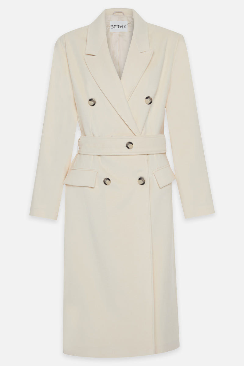 Setre Button Detailed Belted Long Coat Cream